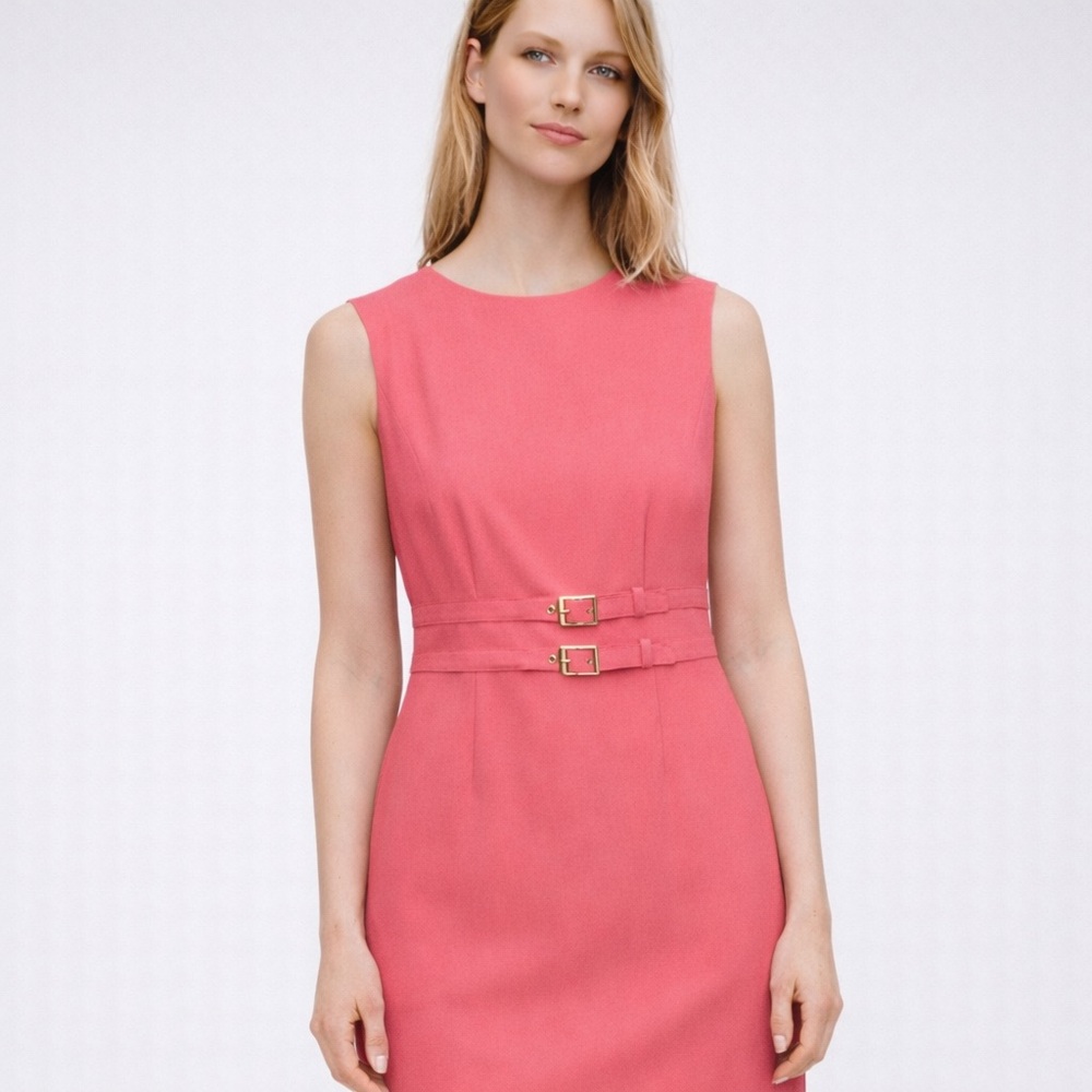Calvin Klein Pink Sheath Midi Dress Sleeveless Belted Gold Buckle | Size 2